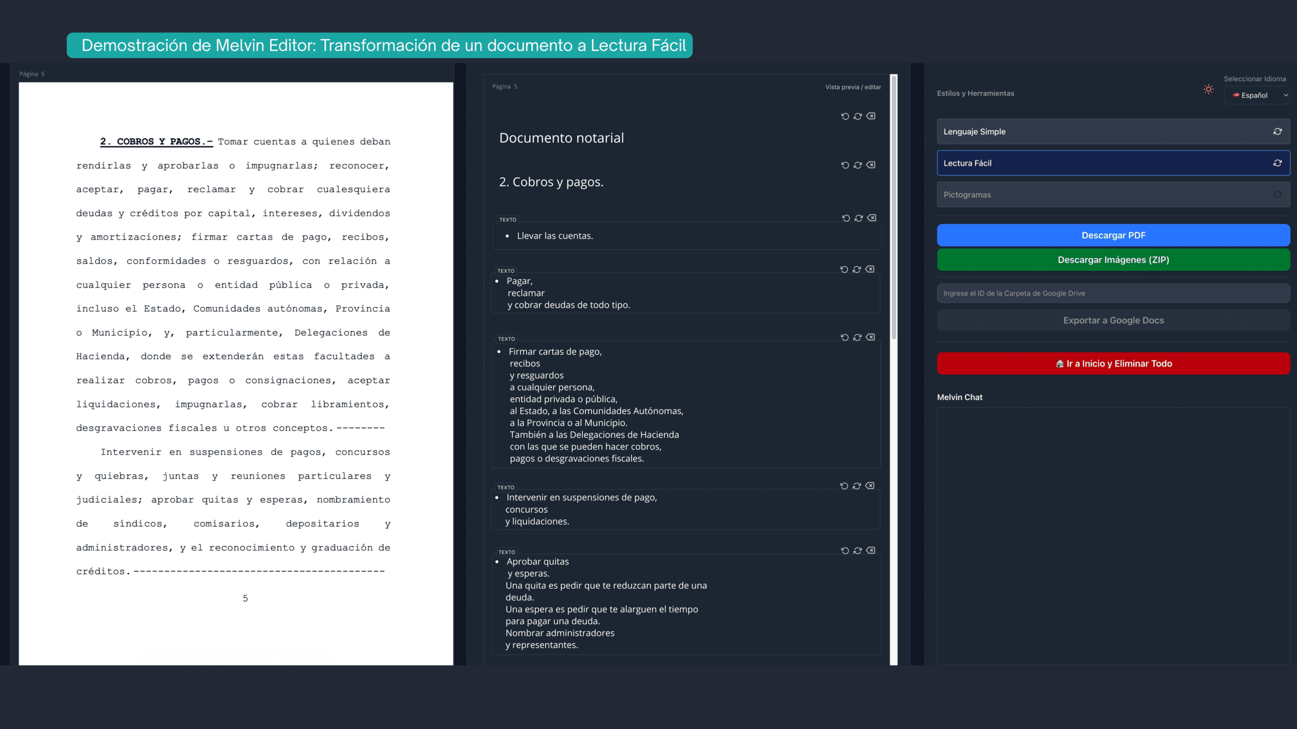 Demostración de Melvin Editor: Transformación de un documento a Lectura Fácil